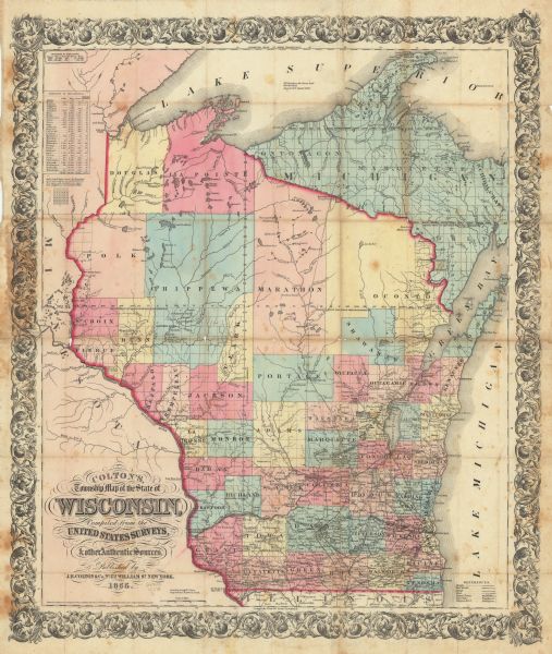Drawn seven years after Wisconsin entered statehood, this map shows the counties, cities, towns, rivers and lakes in the entire state. The map includes a chart that gives the population for thirty-one counties in 1840 and 1850, as well the number of farms and productive establishments in these respective counties. A smaller chart shows the state’s total population in 1840 and 1850, with a separate white, free black, and slave count. The map has a scale for miles.