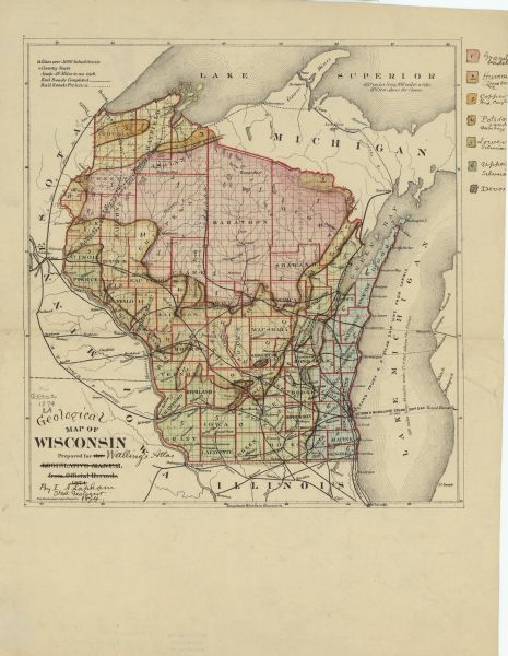 This map of Wisconsin shows cities, counties, railroads already completed and railroads projected, and geological makeup of the land such as lakes.