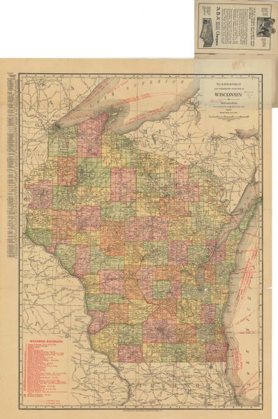 A business atlas map of Wisconsin, showing the railroads, counties, cities, villages, rivers, lakes, electric lines, and steamship lines in the state. Other areas included in the map are the western portion of Michigan's Upper Peninsula, eastern Iowa and Minnesota, and northern Illinois. A key to the names of the railroads in the state is printed on the map and an index of the principal cities in the state, with their populations, appears in the left margin. The approximate scale of the map is 1:1,013,760 (16 miles = 1 inch).