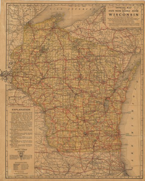 "The playground of the Middle West." Showing the Numbered and Marked State Trunk Highway System and the Principal Secondary Highways; also locates Points of Historic, Scenic and Industrial Interest, State Parks and Institutions. Scale: One inch equals ten miles.
