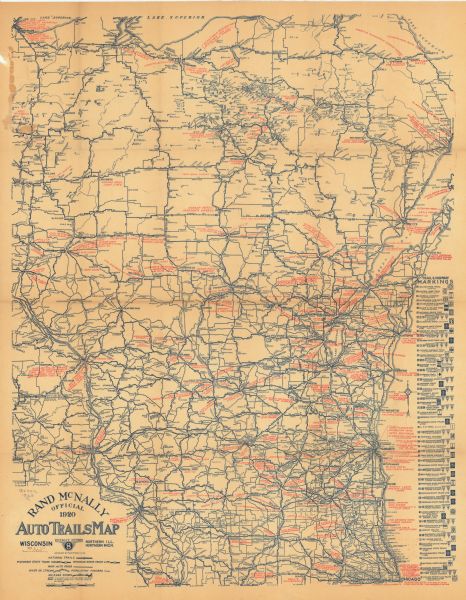 This early road map shows the system of roads in Wisconsin, northern Illinois, northeastern Iowa, southeastern Minnesota, and the western portion of Michigan's Upper Peninsula. "National trails" state trunk highways, and main auto roads are identified. Populations of cities and villages and the distance between them are given and selected hotels, restaurants, and auto-related businesses are highlighted in red. An explanation of highway signs and trail markings is provided in the right margin.