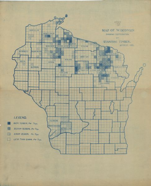 This Wisconsin State Conservation Commission map shows the distribution of standing timber per township. The northern tier of counties is covered, as are Vernon, Crawford, and Richland counties in the southwestern part of the state.
