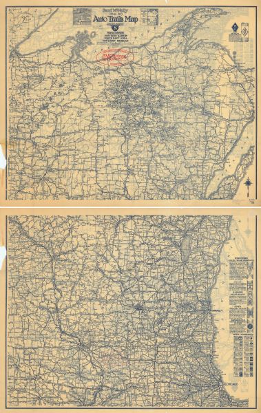 This early road map shows the system of roads in Wisconsin, northern Illinois, northeastern Iowa, southeastern Minnesota, and the western portion of Michigan's Upper Peninsula. "Trail markings" and state and county trunk and primary roads are identified. The distances between cities and villages are given and the type of road surface is identified. An explanation of highway signs and trail markings is provided.