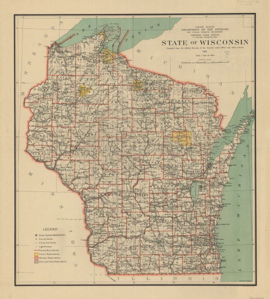 This U.S. Geological Survey map of Wisconsin shows counties, cities and villages, lighthouses, Indian reservations, military reservations, and bird and game reservations.
