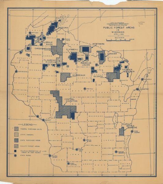 This Wisconsin Conservation Department map shows federal, state, and county forest areas, the relative proportion of land owned by each agency, and state parks in Wisconsin.
