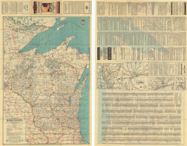 This road map shows state and county roads in Wisconsin, northern Illinois, northeastern Iowa, eastern Minnesota, and the western portion of Michigan's Upper Peninsula. The distances between cities and villages are given and the type of road surface is identified. Text on the verso identifies AAA recommended hotels and restaurants and points of interest in the area, an index to cities, villages, and lakes in Wisconsin, and Canadian customs and immigration regulations. The verso also includes city maps of Minneapolis-St. Paul, Chicago, and Milwaukee, and a "1933 World's Fair highways" map of the greater Chicago area.
