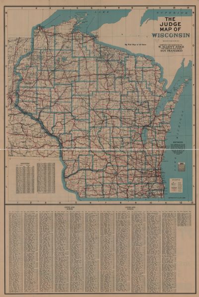 This map of Wisconsin and eastern Minnesota identifies federal and state highways in the area. Railroads are shown with the mileage between stops indicated. An index of counties and an index cities and villages provide population numbers.
