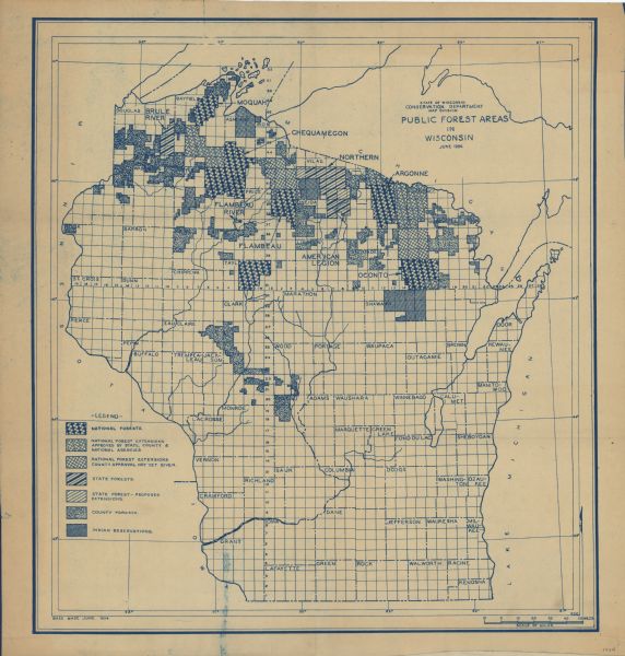 This Wisconsin Conservation Department map shows national, state, and county forests both approved and pending, as well as Indian reservations in Wisconsin.
