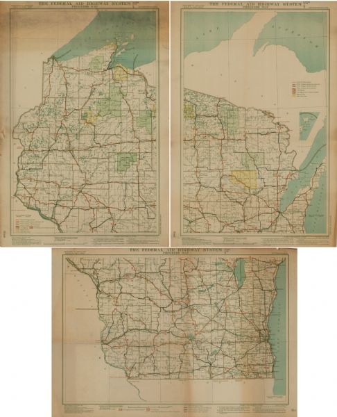 This three-part map from the U.S. Bureau of Public Roads identifies highways in Wisconsin that have been improved, indicating those which are federal highways, those which have been improved with federal aid, and those which have been otherwise improved. Pavement type is indicated by letter and national forests and Indian reservations are shown.

