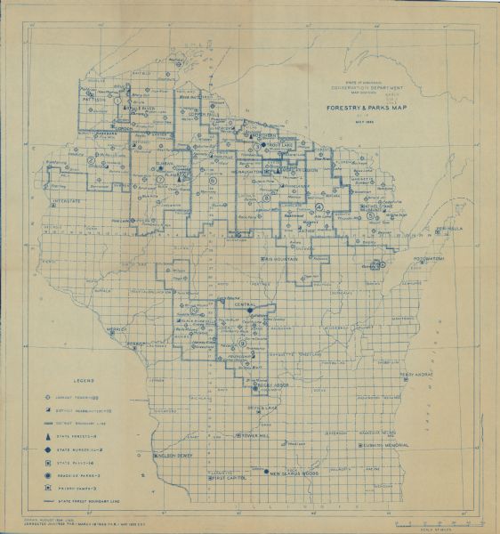 This Wisconsin Conservation Department map shows the locations of state forests, state nurseries, state parks, roadside parks, prison camps, and lookout towers.
