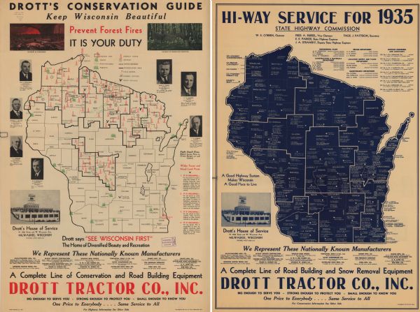 "Drott's conservation guide" map shows the locations of Indian reservations, parks, fish hatcheries, forests, lookout towers, Wisconsin Conservations Commission districts, conservation areas, CCC camps, ranger stations, and deer refuges, and identifies the members of the Wisconsin Conservation Commission. The "Hi-way service for 1935" map lists county highway commissioners, county board chairmen, county clerks, county highway committees, and county seats by county, and the members and staff of the State Highway Commission. Advertisements for Drott Tractor Co. and Drott's House of Service are included.