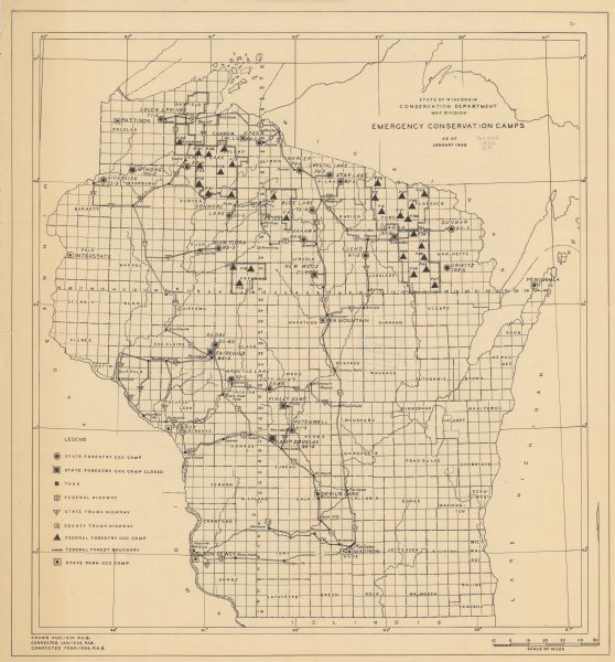 This 1936 Wisconsin Conservation Dept. map shows the locations of state forestry Civilian Conservation Corps (CCC) camps, closed state forestry CCC camps, federal forestry CCC camps, federal forest boundaries, and state park CCC camps, as well as selected cities and villages, federal highways, and state and county trunk highways.

