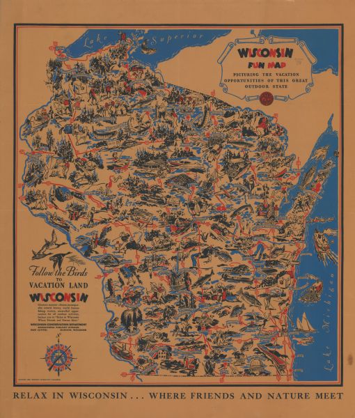 This pictorial tourist map from the Wisconsin Conservation Commission depicts vacation activities and identifies tourist destinations throughout the state.
