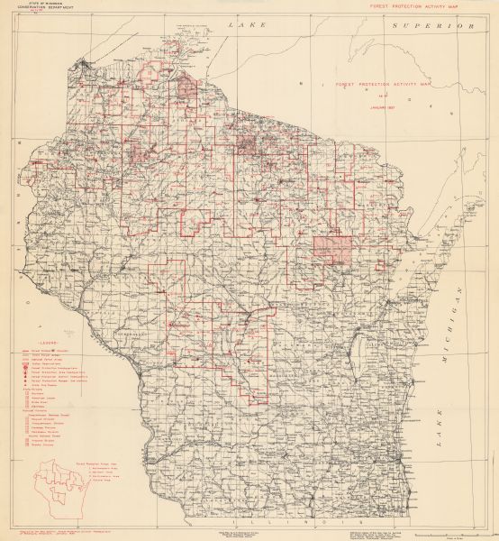 This map shows the Wisconsin Conservation Department forest protection divisions and the locations of state forests, national forests, Indian reservations, and state fire towers.