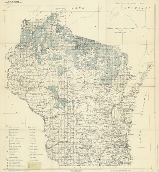 This Wisconsin Conservation Department map shows the locations of state forests, national forests, county forests, state nurseries, Indian reservations, state parks, prison forestry camps, CCC camps, and U.S. Soil Conservation Service camps in the state as of December 1937.