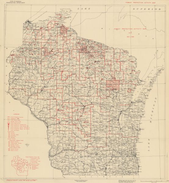This map shows the locations of Wisconsin Conservation Department forest protection districts and cooperative areas, state forests, national forests, Indian reservations, and state fire towers in the state as of May 1938.