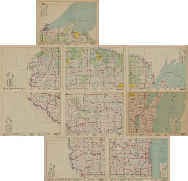 This nine-part map from the U.S. Bureau of Public Roads identifies federal and state highways in Wisconsin by pavement type. County, forest, park, and public land connecting roads are also identified, as are the locations of national, state, and county forests, lakes and reservoirs, Indian reservations, railroads, ferries, canals, airports, military landing fields, and air lanes. 
