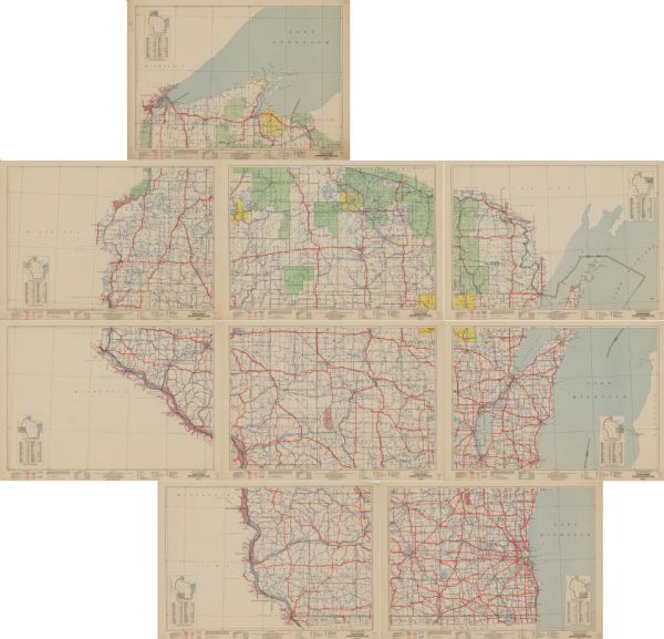 This nine-part map from the U.S. Bureau of Public Roads identifies federal and state highways in Wisconsin by pavement type. County, forest, park, and public land connecting roads are also identified, as are the locations of national, state, and county forests, lakes and reservoirs, Indian reservations, railroads, ferries, canals, airports, and air lanes. The military landing fields shown on an earlier edition of this map have been omitted.