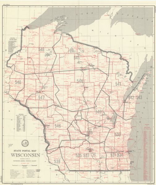 This Post Office Department map identifies post offices, summer post offices, rural stations, highway post offices, Post Office sectional centers, rural delivery and star routes, and "airstop points" (airports) and their codes. An index of counties in included.
