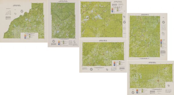 This series of six maps identifies land use in Taylor, Price, Rusk, Sawyer, Washburn, and Burnett counties based on data from 1966 through 1975. Each map includes a situational map and a map of the towns in that county.
