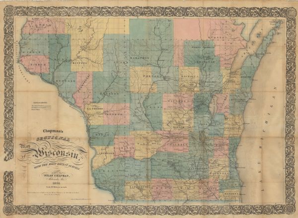 This map with an ornamental border shows the township survey grid and identifies counties, named towns, cities and villages, rivers, lakes, railroads, roads, and the Menomonee and Oneida reservations. Horicon Marsh is labeled Horicon Lake. Juneau County is identified and Wood County is depicted but not named. Shows railroads completed and not completed. The lower left corner reads: "Entered according to act of Congress in the year 1855 by S. Chapman in the clerks office of the District Court of the state of Wisconsin."