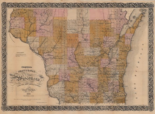 This map of shows the township survey grid and identifies counties, named towns, cities and villages, rivers, lakes, railroads, roads, and the Menomonee and Oneida reservations. Horicon Marsh is labeled Horicon Lake. Juneau and Wood counties are identified. 
