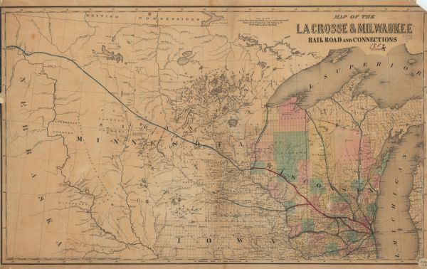 This map depicts the route of the La Crosse and Milwaukee Railroad in Wisconsin. Other railroads in Wisconsin, northern Michigan, and northern Illinois with connections to the La Cross and Milwaukee Railroad are shown, as are the extensions of the La Crosse and Milwaukee to Mankato, Minnesota, and to the Missouri River in what is modern-day North Dakota.