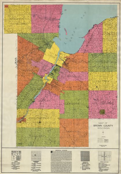 This early-mid 20th century map of Brown County, Wisconsin, shows the township and range grid, towns, sections, cities and villages, land owners and acreages, railroads, roads, schools, churches, cemeteries, and lakes and streams. 
