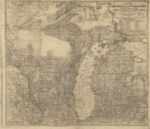 This map depicts the township survey grid in Wisconsin, Michigan, northern Illinois, eastern Iowa, and southeastern Minnesota. Counties, named towns, cities and villages, rivers, lakes, railroads, and distances across Lake Michigan between various points are identified. An inset of the northern shore of Lake Superior is included.