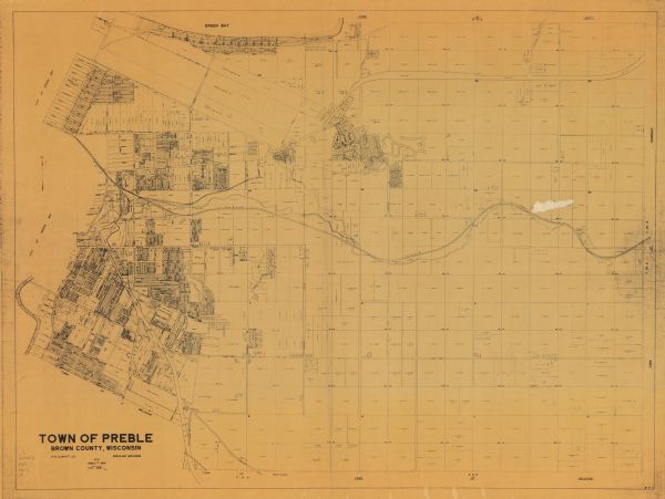 Map of the Town of Preble, Brown County, Wisconsin, showing land ownership by name, subdivisions, roads and streets, railroads, and local businesses.