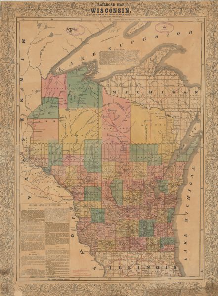 This map shows the township survey grid and identifies counties, named towns, cities and villages, rivers, lakes, and railroads and proposed railroads in Wisconsin, northern Illinois, and the Upper Peninsula of Michigan. Horicon Marsh is labeled Horicon Lake. Text outlines the history of the state and describes the "Special Laws of Wisconsin."