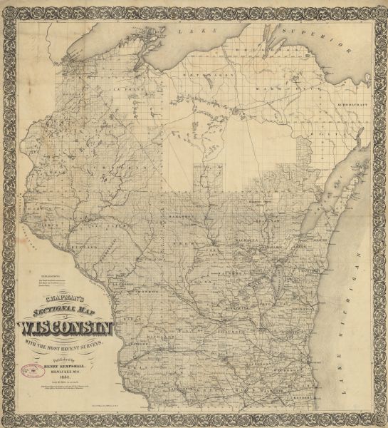 This map of the entire state of Wisconsin depicts the township survey grid and identifies counties, named towns, cities and villages, rivers, lakes, railroads, roads, and the Menomonee and Oneida reservations. Horicon Marsh is labeled Horicon Lake.