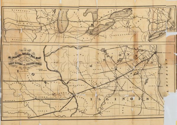 This map shows the railroads in southern Wisconsin and their connections with points in Iowa and Illinois. An inset map shows rail connections between southern Wisconsin and Iowa and the Great Lakes region and New England.