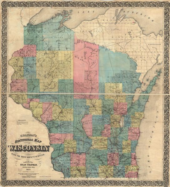 This map of the entire state of Wisconsin depicts the township survey grid and identifies counties, named towns, cities and villages, rivers, lakes, railroads, roads, and the Menomonee and Oneida reservations. Horicon Marsh is labeled Horicon Lake. Both Green Lake and Pepin counties are shown and Barron County is labeled Dallas County.