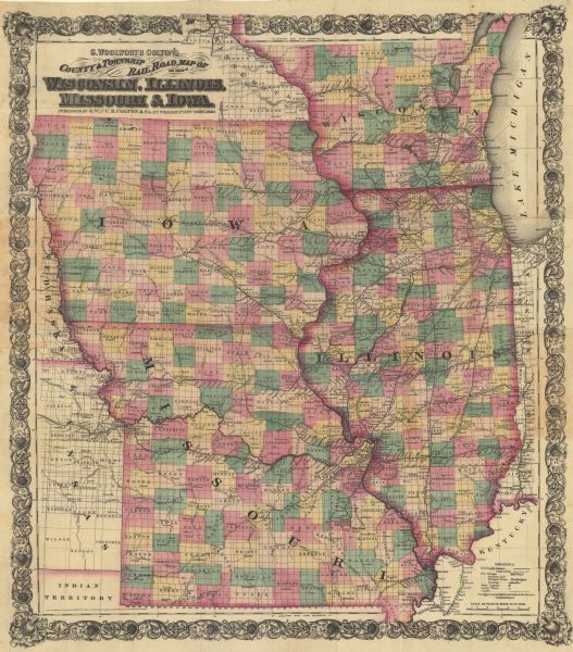 This map shows the railroads both completed and under construction in southern Wisconsin, Iowa, Illinois, and Missouri. Railroad terminals, junctions, and stations are identified, as are counties, cities and villages, rivers, and canals. Distances between points on rail lines are given.