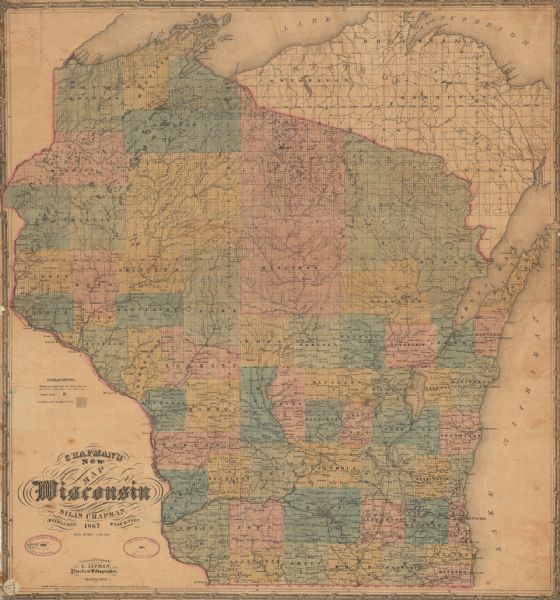 A hand-colored map of Wisconsin showing the state’s township grid, lakes, rivers, railroads, as well as the locations of towns, counties and the reservations of the Oneida and Chippewa.