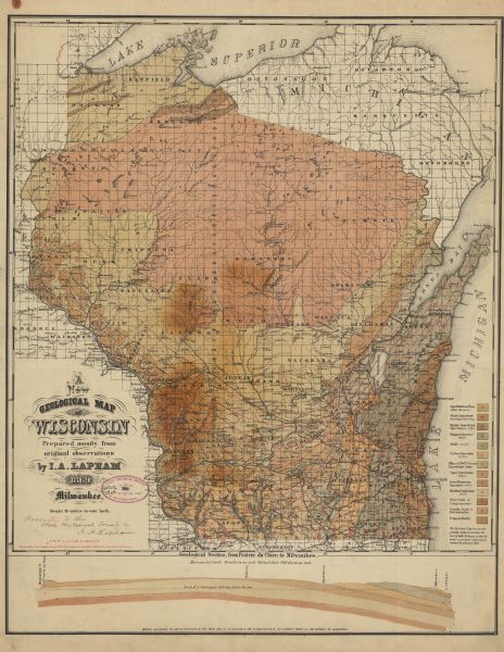 This geological map shows the township grid, counties, cities and villages, rivers, lakes, railroads, and roads. Barron County is still labeled Dallas County. A geological section from Prairie du Chien to Milwaukee is included.