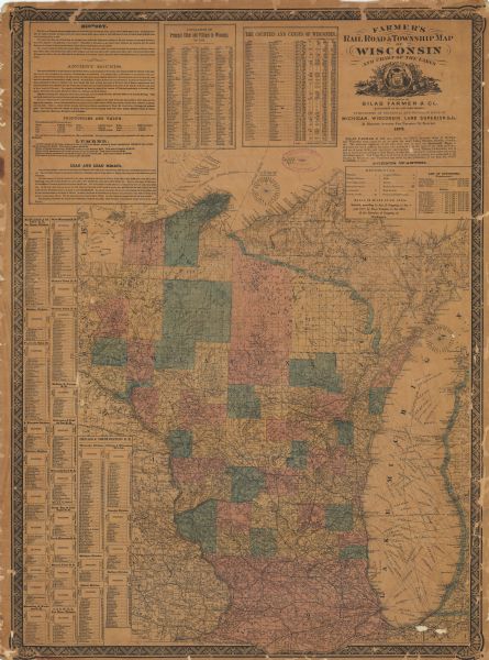 This map, which includes eastern Iowa, northern Illinois and a portion of Michigan's Upper peninsula, shows the township survey grid and identifies counties, named towns, rivers, lakes, Indian reservations, and railroads. Tables give the 1870 populations of Wisconsin counties and principal cities and villages, as well as the stations and distances between them for various Wisconsin rail lines, and the governors of Wisconsin state and territory. Text provides a brief history of Wisconsin, a description of "ancient mounds" and data on agricultural production, timber, and lead mining.
