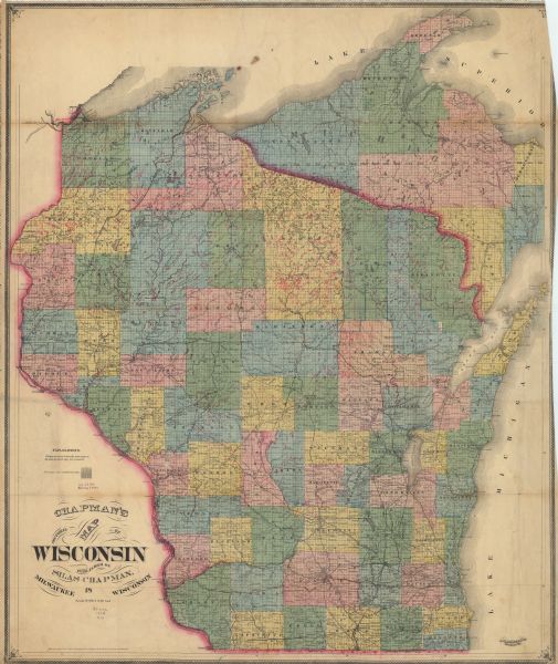 This hand-colored map of Wisconsin depicts the township survey grid and identifies counties, named towns, cities and villages, rivers, lakes, railroads, and the Bad River, Menomonee, Oneida, Flambeau, and "Lake Court Oreilles" reservations. Lincoln, Taylor, Price, and Marinette counties are named but Langlade is labeled "New." Unexplained manuscript annotations are included.