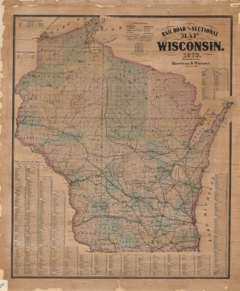 This hand-colored map of Wisconsin shows the township grid, railroads and proposed railroads, counties, cities, villages, and post offices. Population tables from the 1870 census of 1870 are included. Differs from another edition by lack of proposed railroads in Polk, Chippewa, and Oconto counties. 

