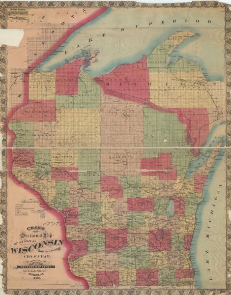This hand-colored map of Wisconsin and the western portion of Michigan's Upper Peninsula, shows the township grid, railroads completed and in progress, counties, cities, villages, and post offices. Horicon Marsh is labeled Horicon Lake.