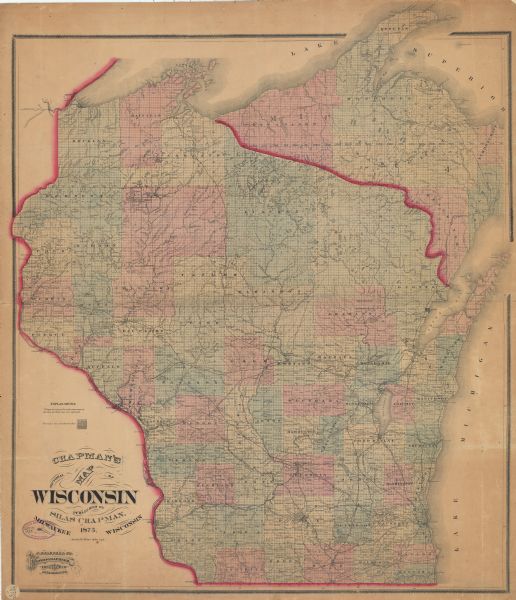 This hand-colored map of Wisconsin and the western portion of Michigan's Upper Peninsula depicts the township survey grid and identifies counties, named towns, cities and villages, rivers, lakes, railroads, and the Bad River, Menomonee, Oneida, Flambeau, and "Lake Court Oreilles" reservations. Lincoln and Taylor counties are both identified.
