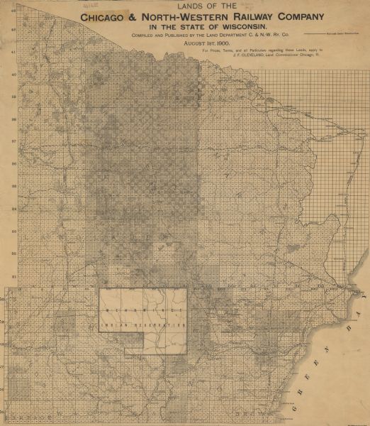 This map of shows the township grid, counties, cities and villages, lakes, rivers, rail lines and the Menominee Indian Reservation.
