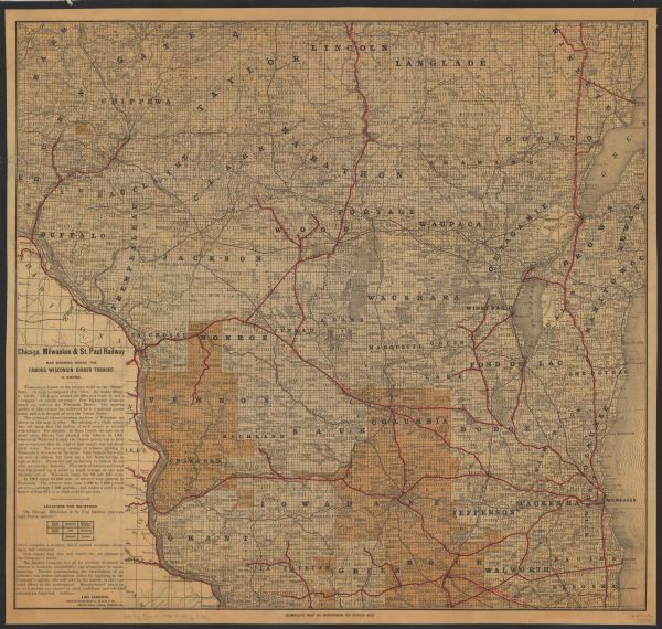 This map shows the railroads of southern Wisconsin with the routes of the Chicago, Milwaukee, and St. Paul Railway traced in red. The township grid, counties, towns, cities and villages, lakes, rivers, and Oneida and Menominee Indian reservations are shown and the principal tobacco-growing regions are indicated in color. Rusk County is labeled Gates County.
