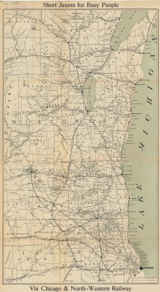 This map shows the Chicago and North Western Railway lines in eastern Wisconsin, north to Wausau and Oconto and west to Baraboo and Blue Mounds, and northeastern Illinois. Rivers and lakes are depicted and rail stops and connecting "wagon" roads are identified.