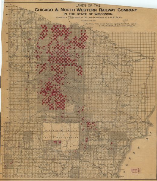This map of northeastern Wisconsin shows the township grid, counties, cities and villages, lakes, rivers, rail lines and the Menominee Indian Reservation. Lands owned by the Chicago and North Western Railway Company are shown in color.
