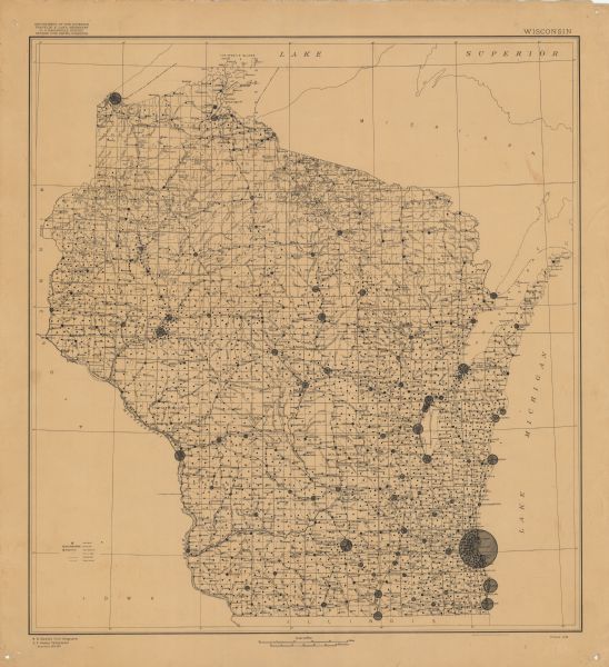 This map is pen, ink, and pencil on tracing paper. The map was traced from U.S. Geological Survey map of Wisconsin, compiled in 1910-1911, and printed in 1918. The chief cartographer was R.B. Marshall. The lower left corner has a key of symbols marking the State Capital, the County Seat, cities and large towns, towns and villages, and railroads. The majority of the markings on the map are dots for towns and villages.