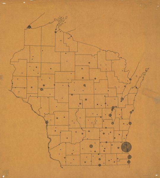 This map is pen and ink on paper. The map was traced from a more detailed population dot map, this map shows only the major towns and cities in southern Wisconsin.
