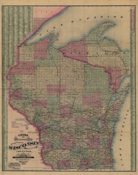 A hand-colored map of Wisconsin and the western portion of Michigan’s Upper Peninsula, showing the railroads that are completed and in progress, counties, cities, villages, towns, rivers, lakes, and post offices in Wisconsin. Additional information provided on the map includes the Horicon Marsh, Penokee Iron Range, and population records by counties and cities.