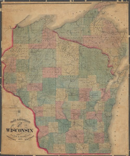 A hand-colored, cloth mounted, sectional map of Wisconsin and the western portion of Michigan’s Upper Peninsula, showing the township grid, railroads, towns, cities, villages, and the Menomonee, Oneida, Flambeau, and Bad River Reservations.